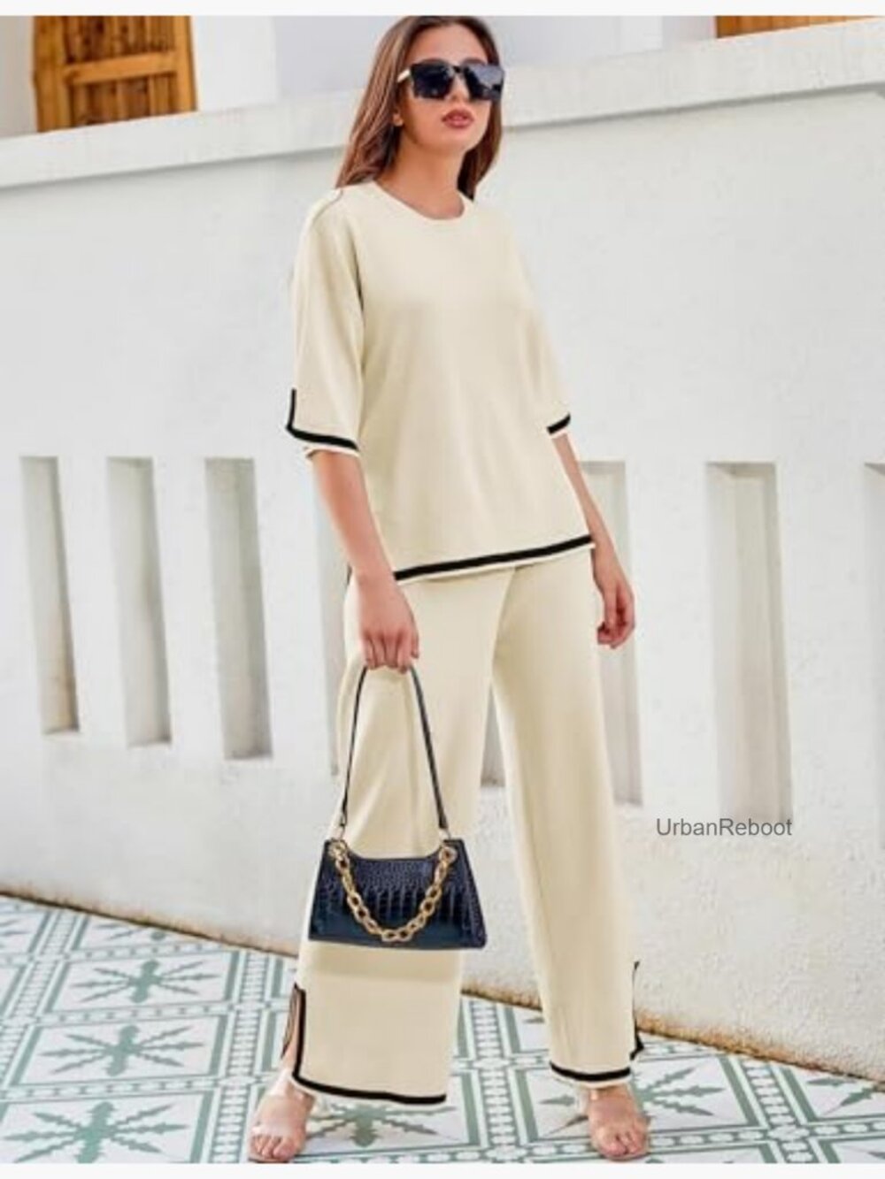 Knit Sweater Set 2 Piece Lounge Outfit Short Sleeve Wide Leg Pants - Picture 3 of 7
